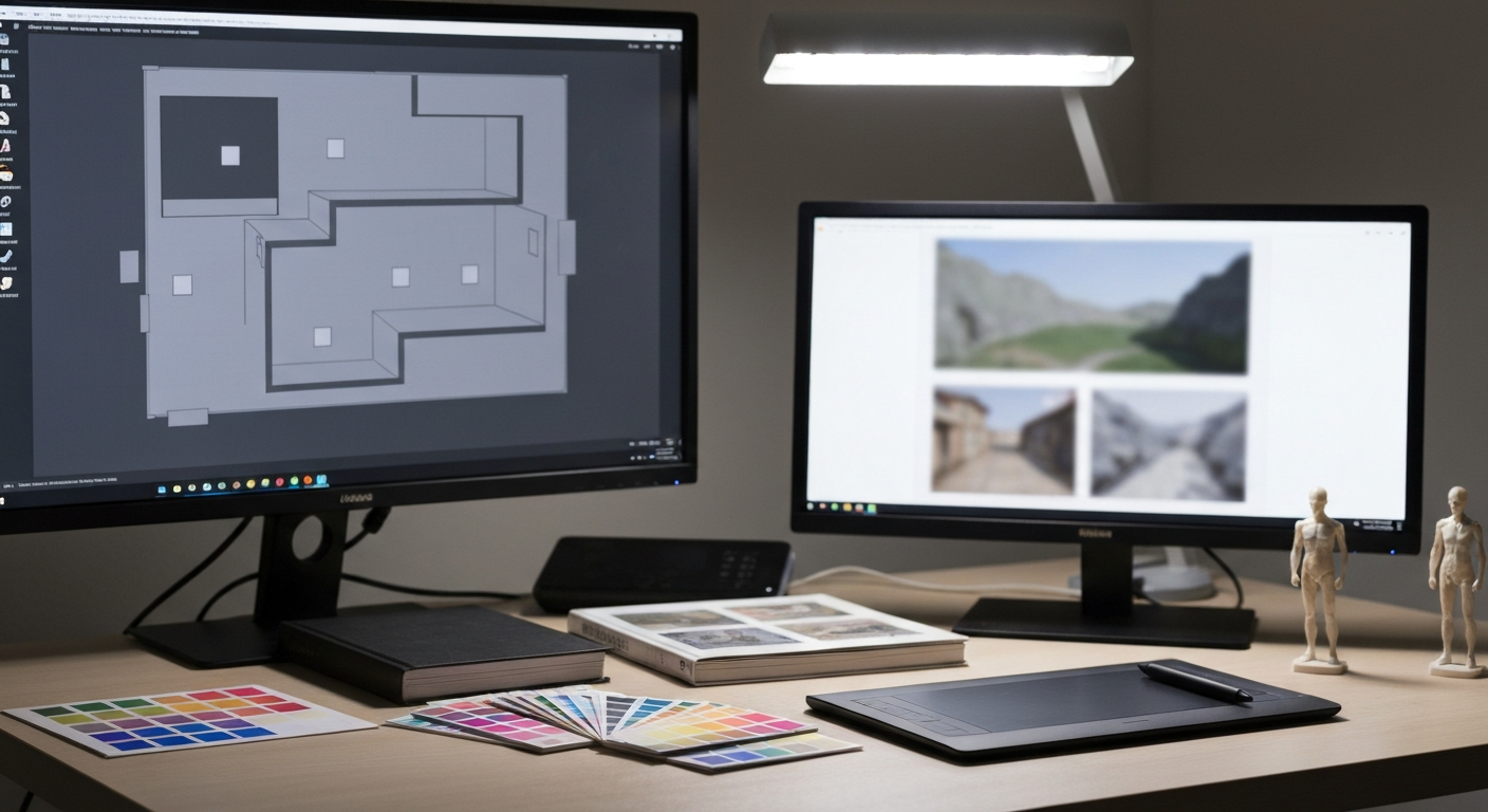 A realistic workstation showing blockout layout and concept references used in early game environment creation.