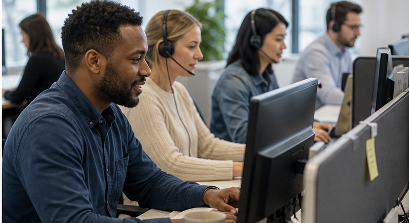 Employees practicing customer scenarios with an AI training assistant