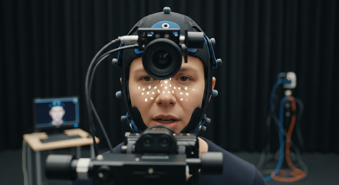 A detailed facial motion capture session showing an actor wearing a camera-mounted helmet.