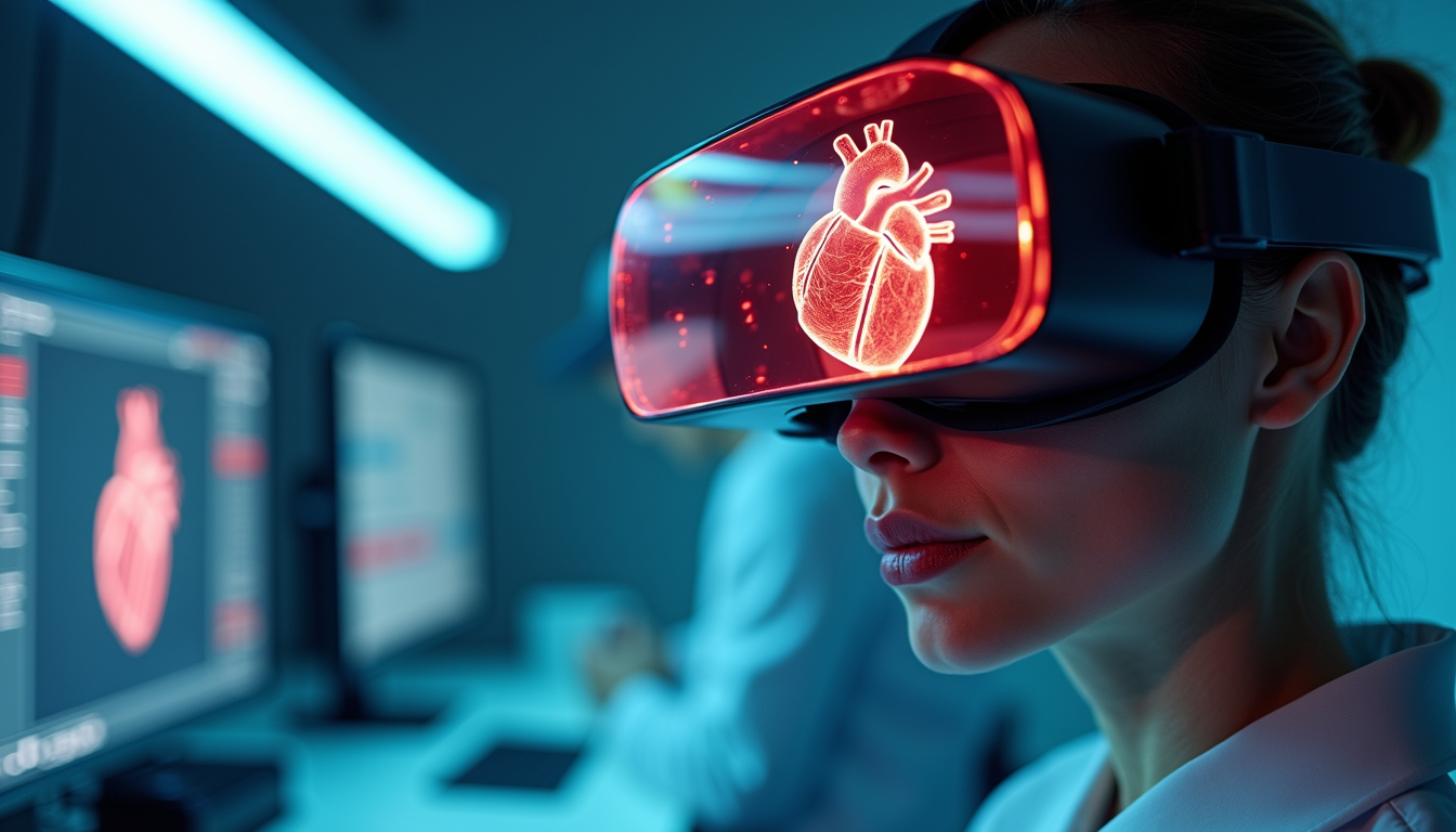 Eye-level view of a virtual reality headset displaying a detailed human heart model