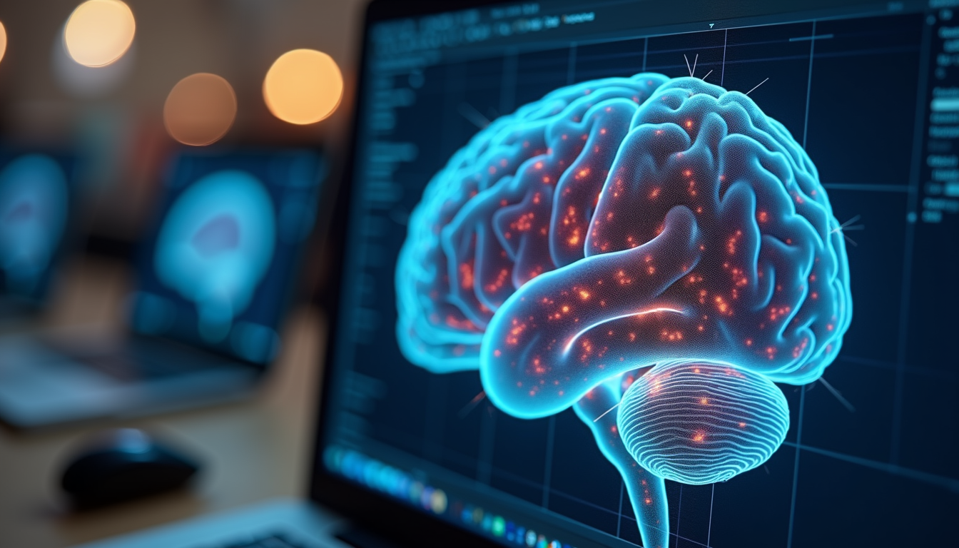 Close-up view of a 3D anatomical model of the human brain on a computer screen