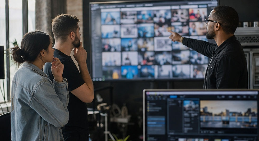 AI content operations team reviewing a production asset library