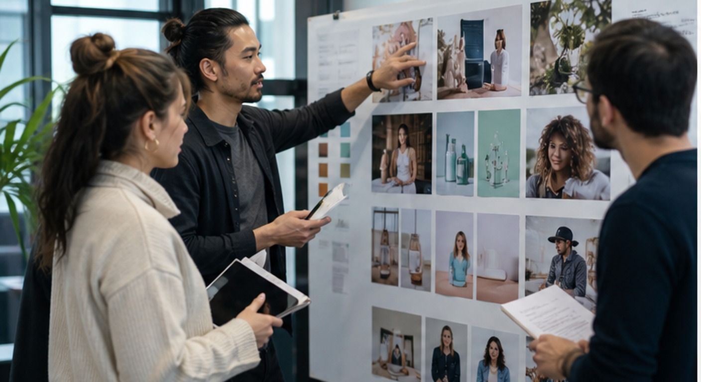 Advertising team reviewing campaign concept boards for AI creative testing