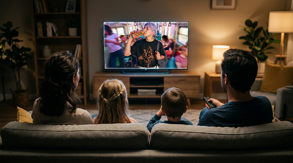 Family watching a digital persona on TV for an AI avatar entertainment experience