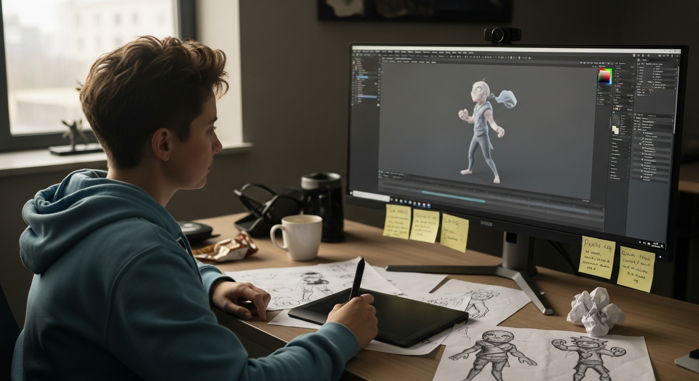 A developer reviewing gameplay animation on a computer, illustrating how movement is created for video games.