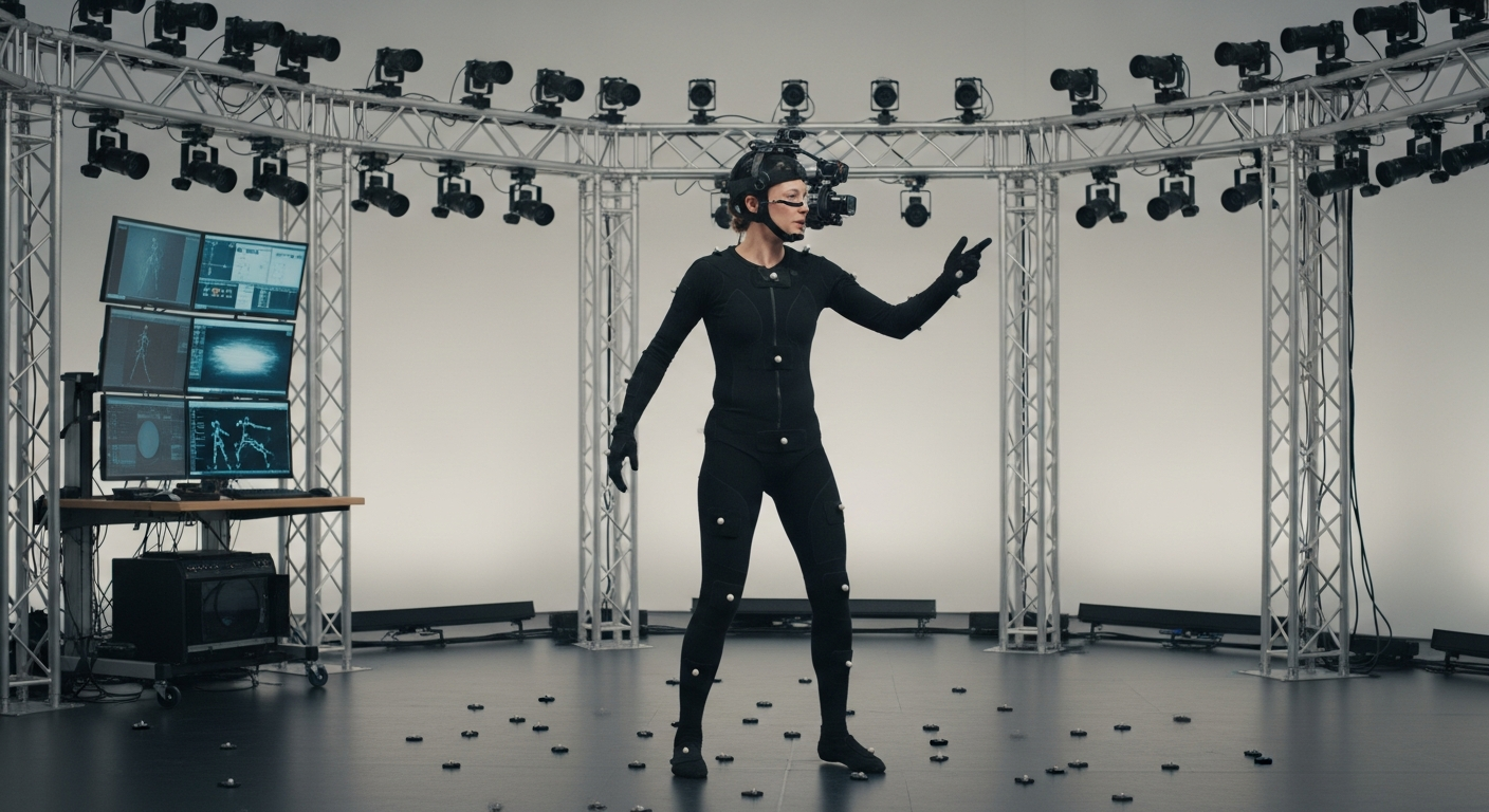 A mocap performer recording body and facial motion on a professional motion capture stage.