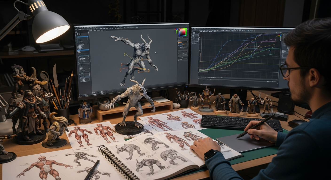 A game animator manually keyframing stylized creature movement inside a professional animation studio.
