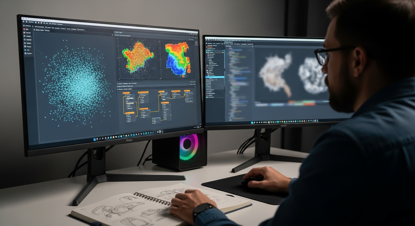 A developer analyzing AI simulation behaviors on a workstation inside a real studio.
