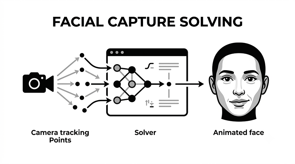 Facial capture data being solved into an animated digital face