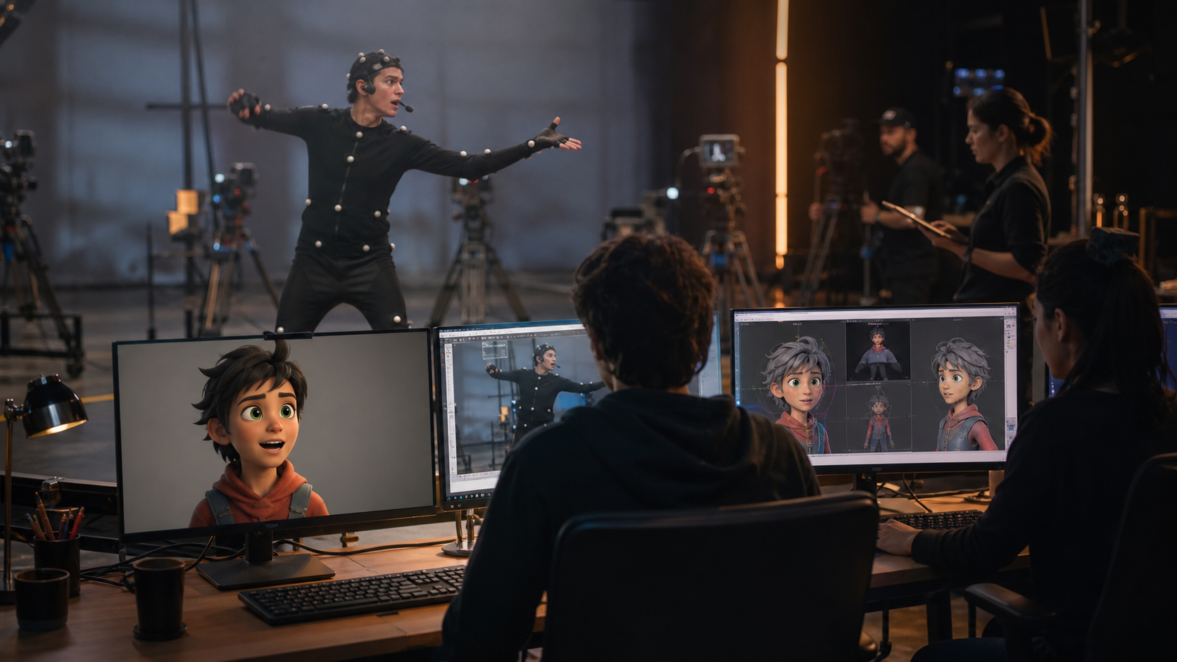 Fresh AI cartoon character hero image in a professional animation studio