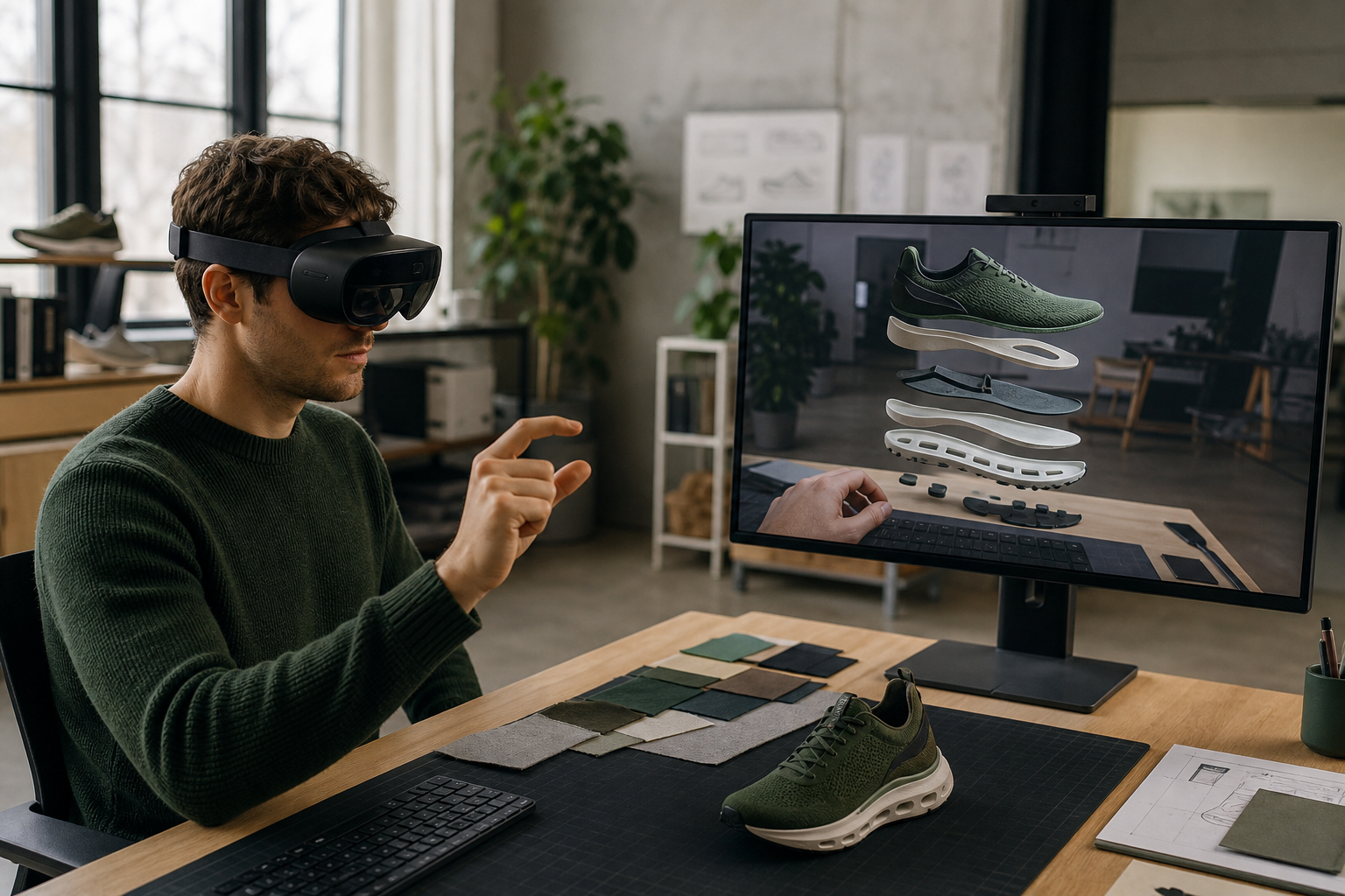 Illustrative mixed reality design session with the headset view mirrored on a physical monitor