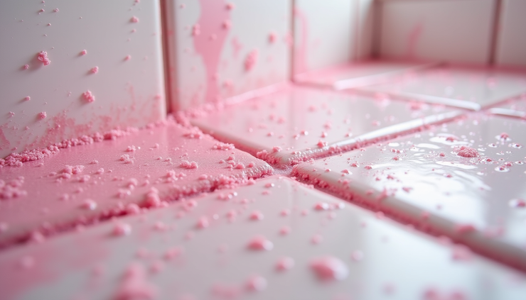 Close-up view of pink biofilm on bathroom shower tile grout