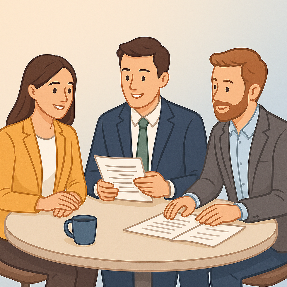 Three business professionals, two men and one woman, discuss documents around a table with a mug.