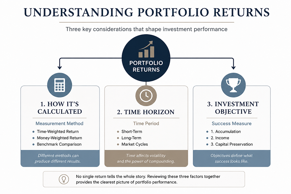 Flowchart explaining portfolio returns, detailing calculation methods, time horizon, and investment objectives.