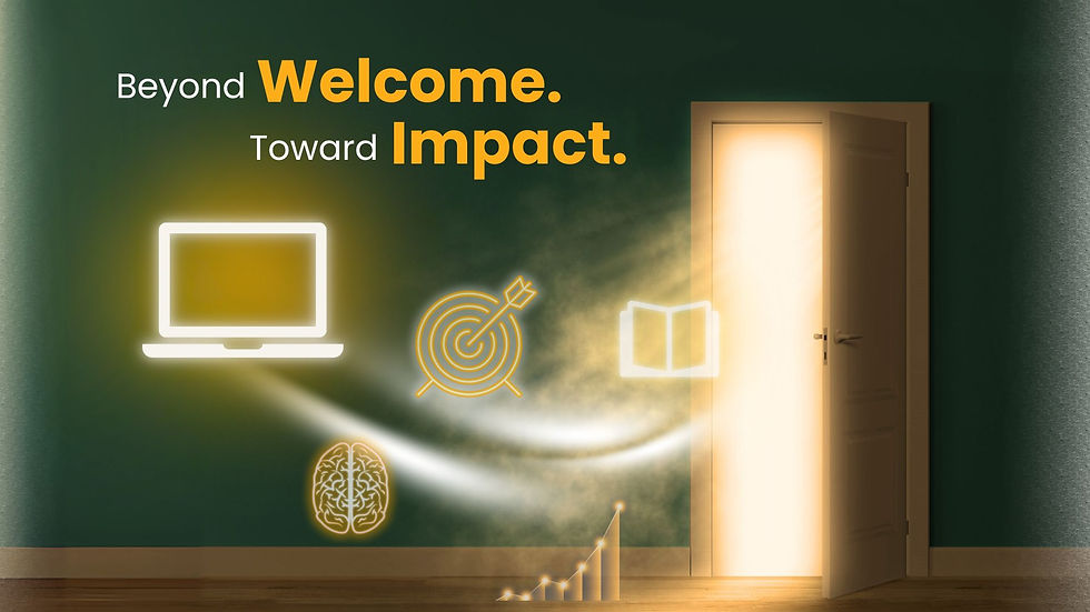 Glowing open door on green wall reveals icons of laptop, target, book, brain, and charts in golden light. Text: "Beyond Welcome. Toward Impact."