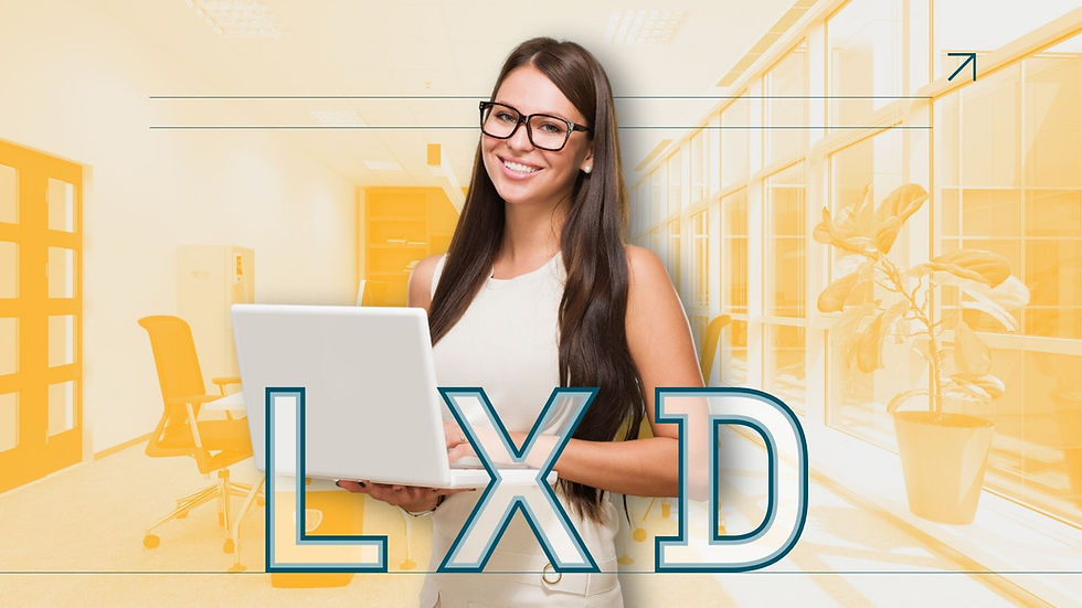 A woman holding a laptop, smiling confidently, with "LXD" overlaid, representing Learning Experience Design.