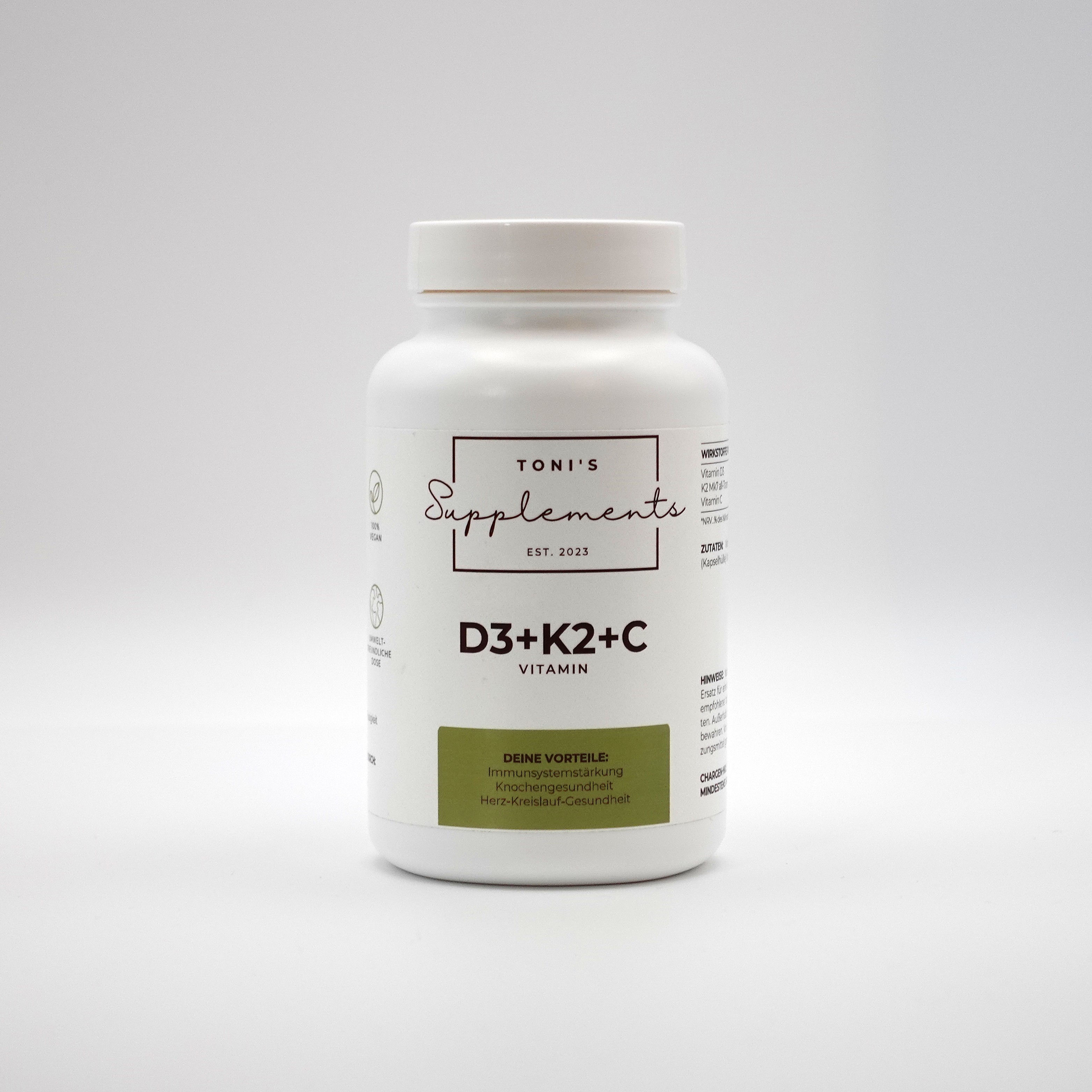 Toni's Supplements Vitamin D3 K2 C 120 Kapseln grüne Dose 25µg D3 vegan Österreich