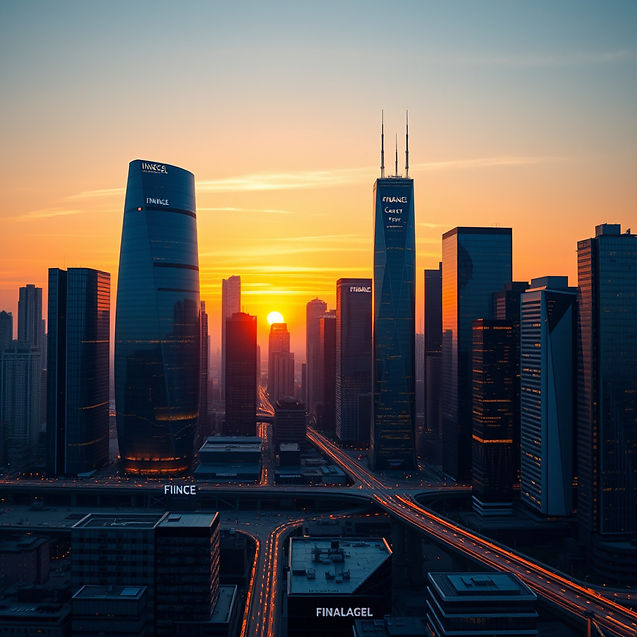 A luxurious modern financial city skyline at sunrise with elegant glass skyscrapers, subtl