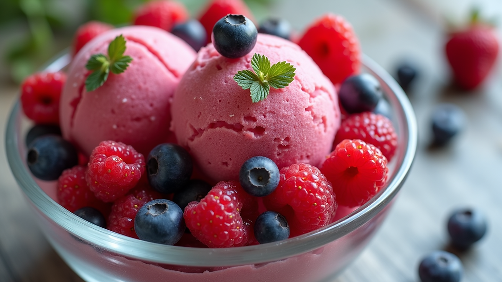 High angle view of a colorful fruit sorbet bowl with fresh berries