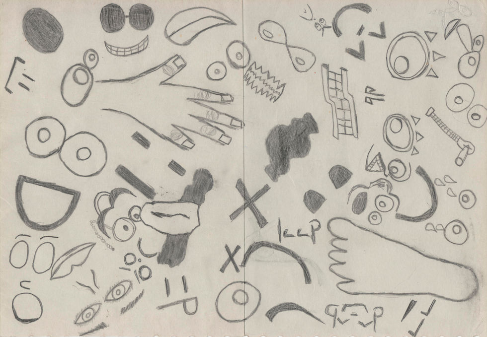 Em estilo doodle composto por diversos elementos abstratos e cartunescos, incluindo uma mão e um pé humanos, vários olhos com formatos variados, rostos simplificados estão espalhadas de maneira aleatória pela página.