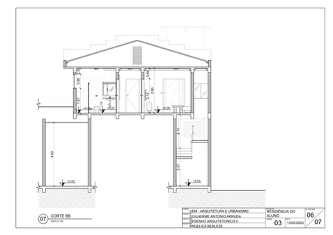 Prancha 07/07 – Levantamento da residência do aluno: Desenho técnico do corte BB, desenvolvido no Autodesk AutoCAD, que inclui o desenho dos pontos elétricos, de dados e hidráulicos, tal como o leiaute do mobiliário, peça hidrossanitário e acabamentos.