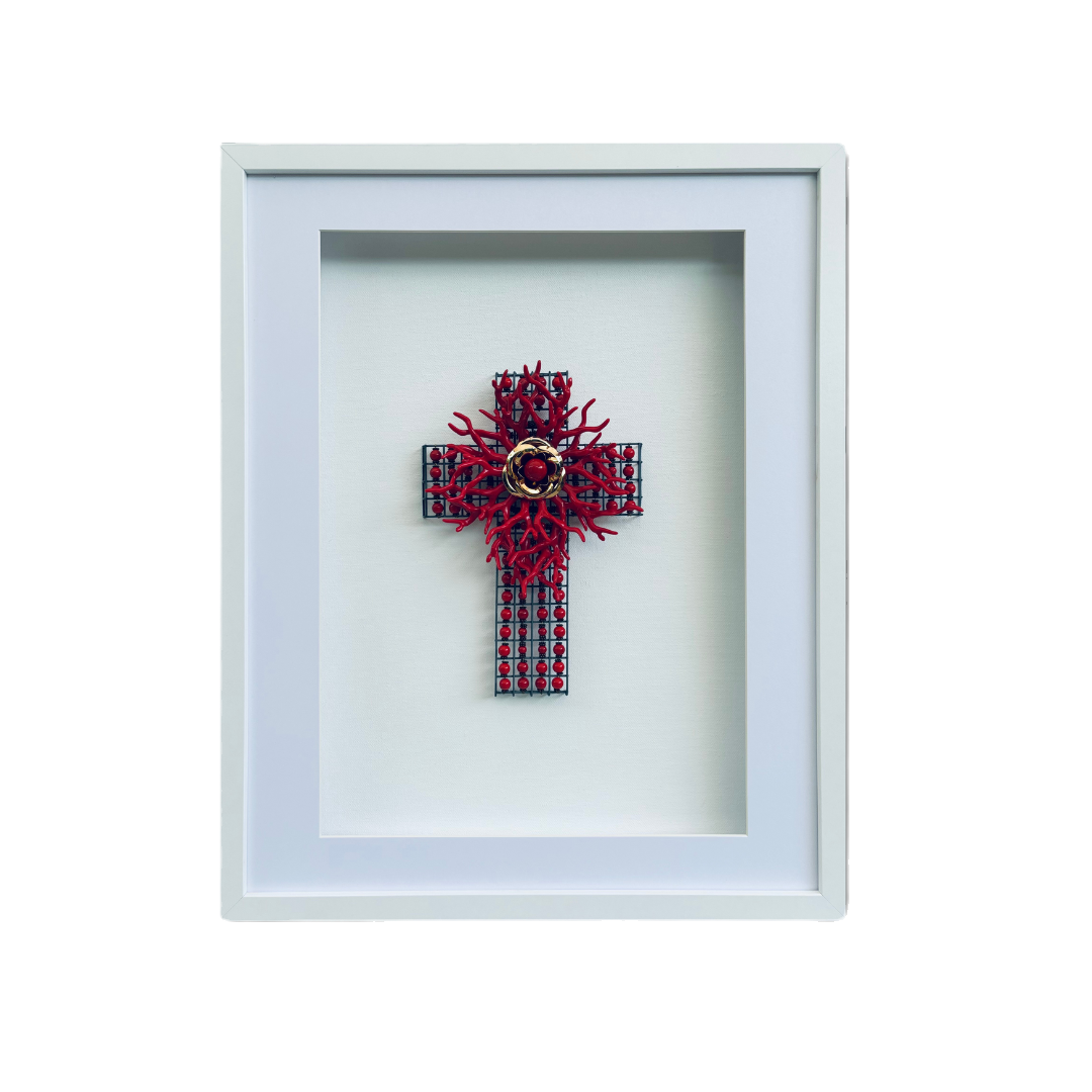 Resin Coral Gold Flower Cross