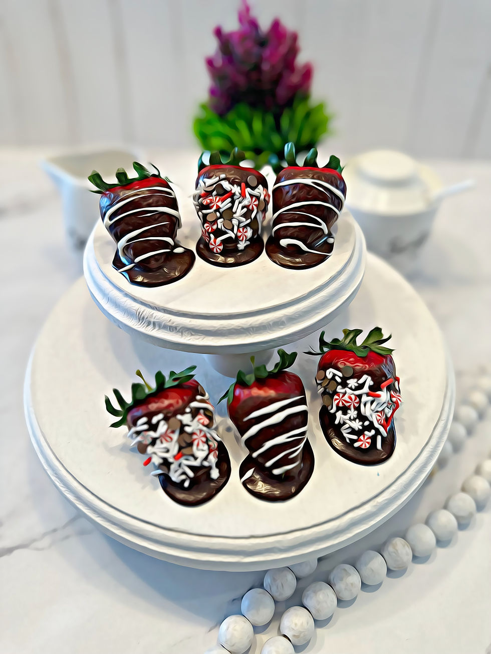 Thumbnail: 2" Chocolate Peppermint Dipped Fake Strawberries Set of 6