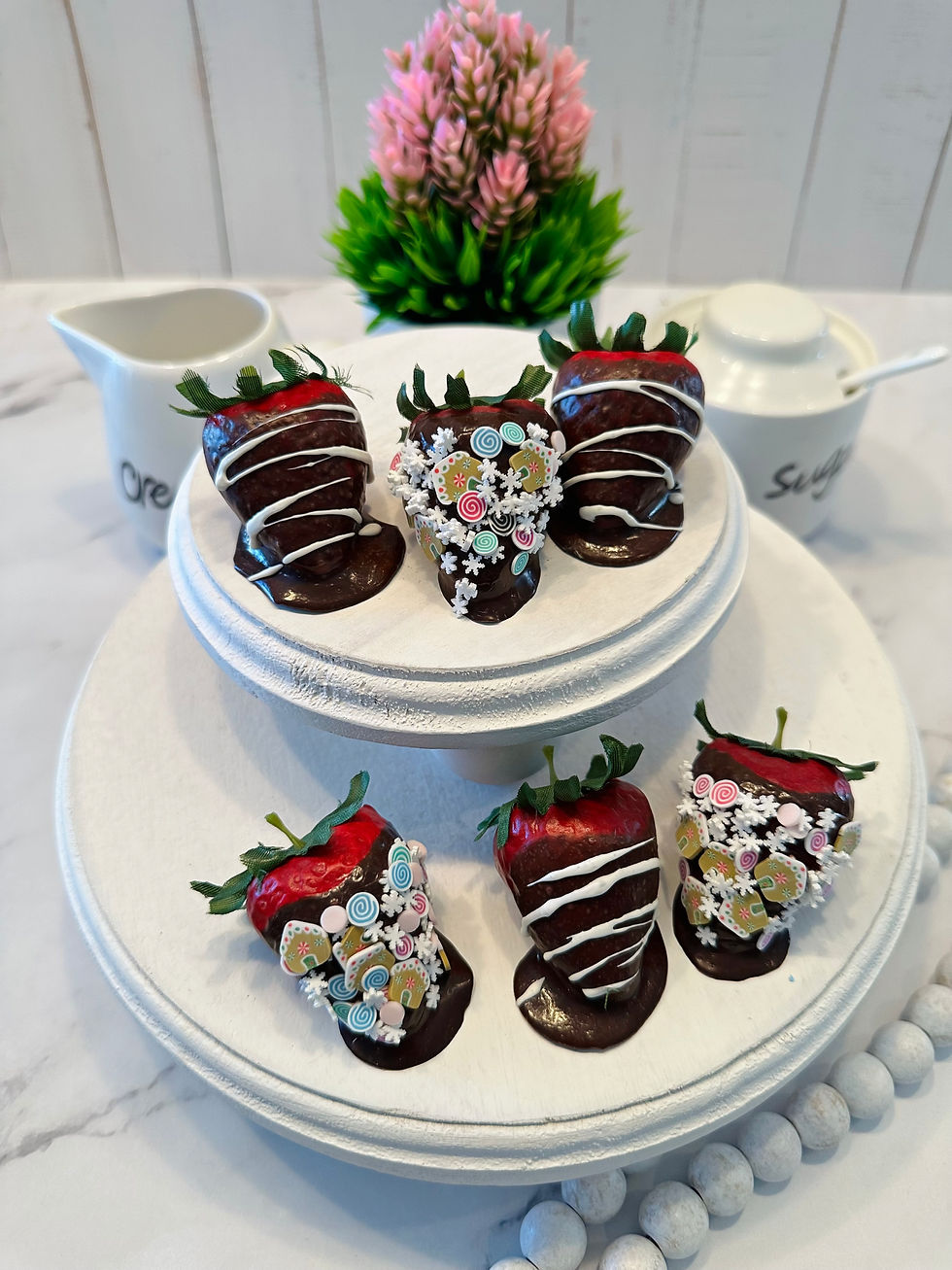 Thumbnail: 2" Chocolate Dipped Gingerbread House Fake Strawberries Set of 6