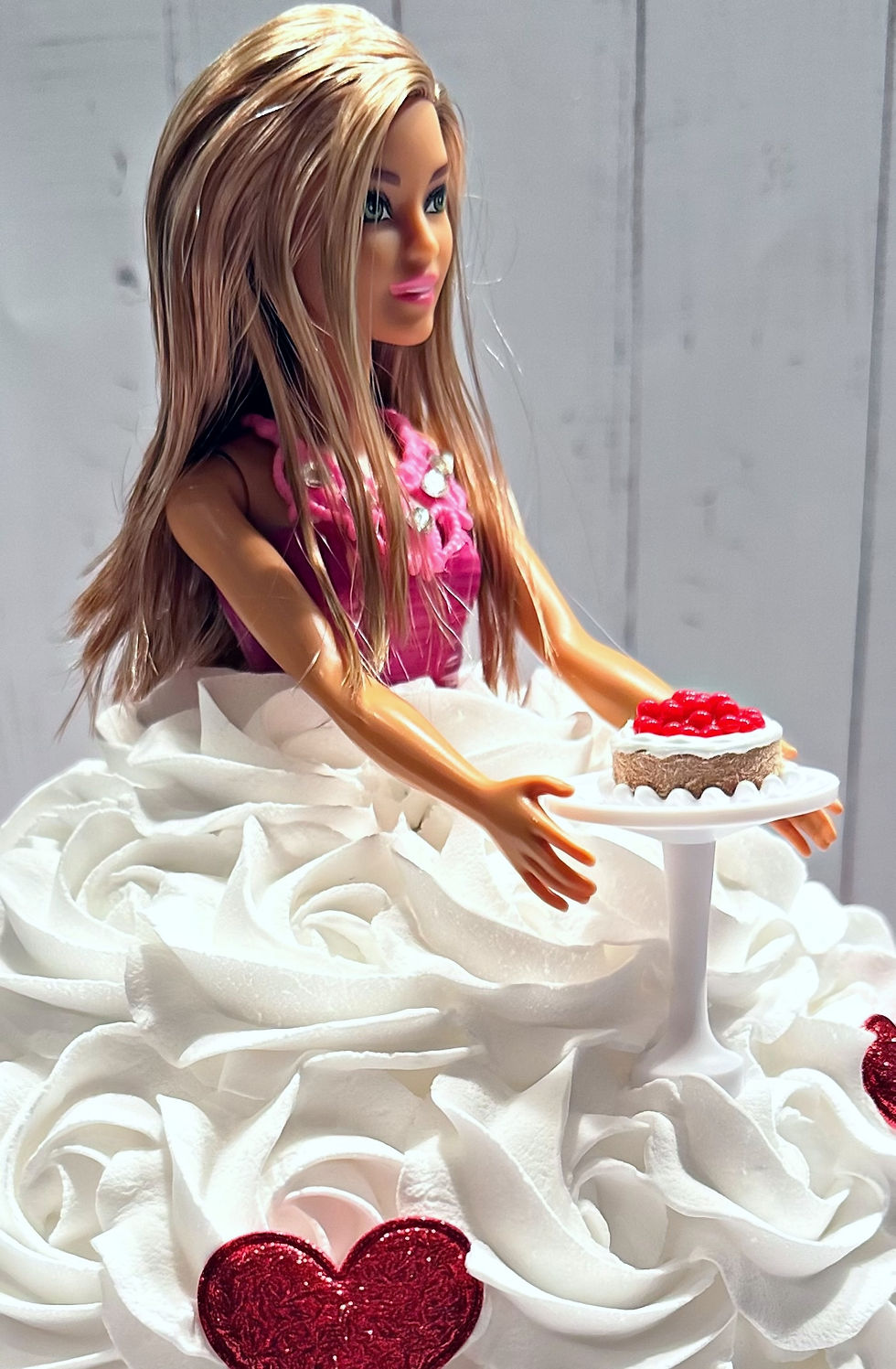 Thumbnail: SOLD Valentine Doll Fake Cake White & Red Hearts w/ Cherry Cake