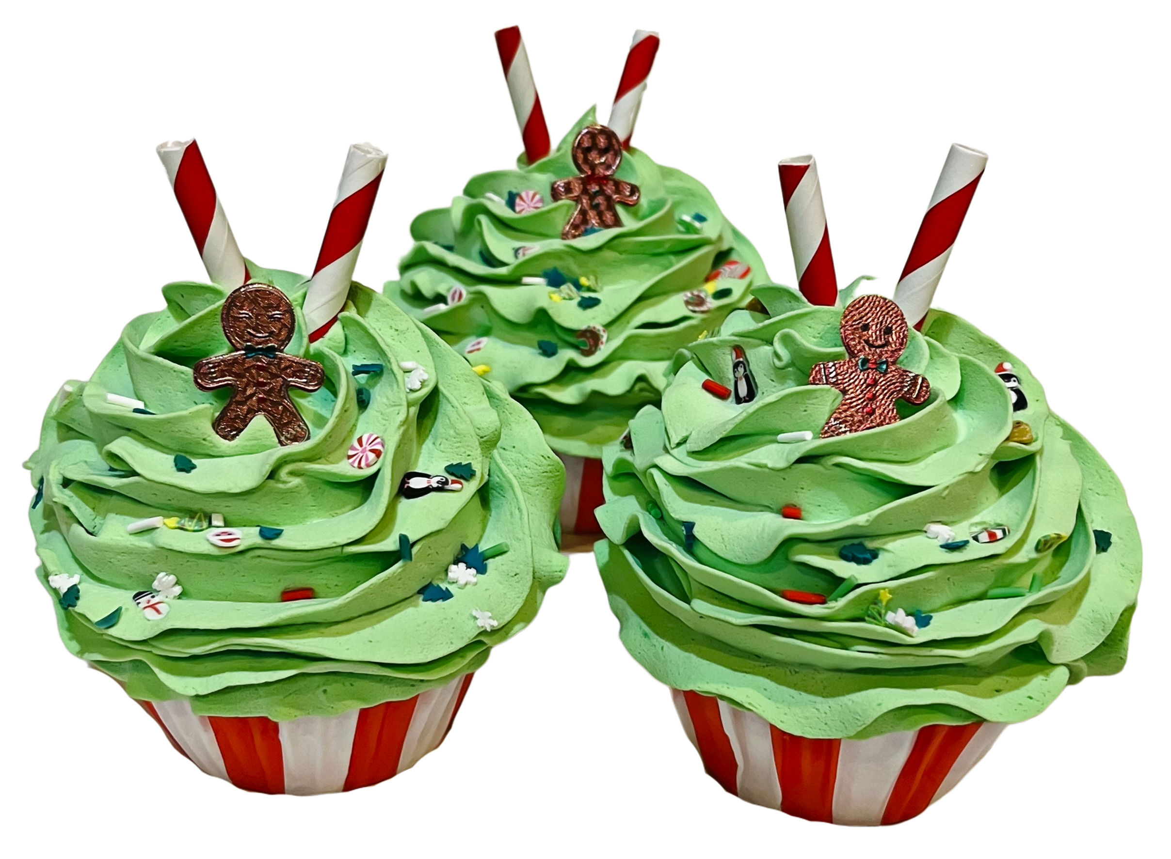 (3) Green Christmas Gingerbread Man Fake Cupcakes 3.5"x 4.5"