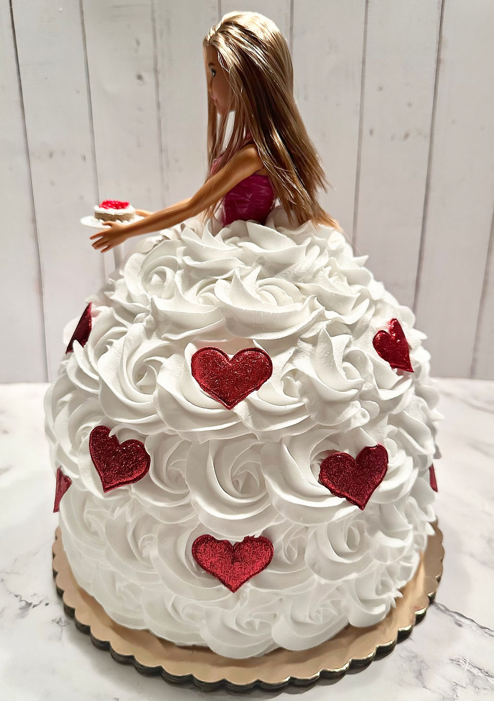 Thumbnail: SOLD Valentine Doll Fake Cake White & Red Hearts w/ Cherry Cake