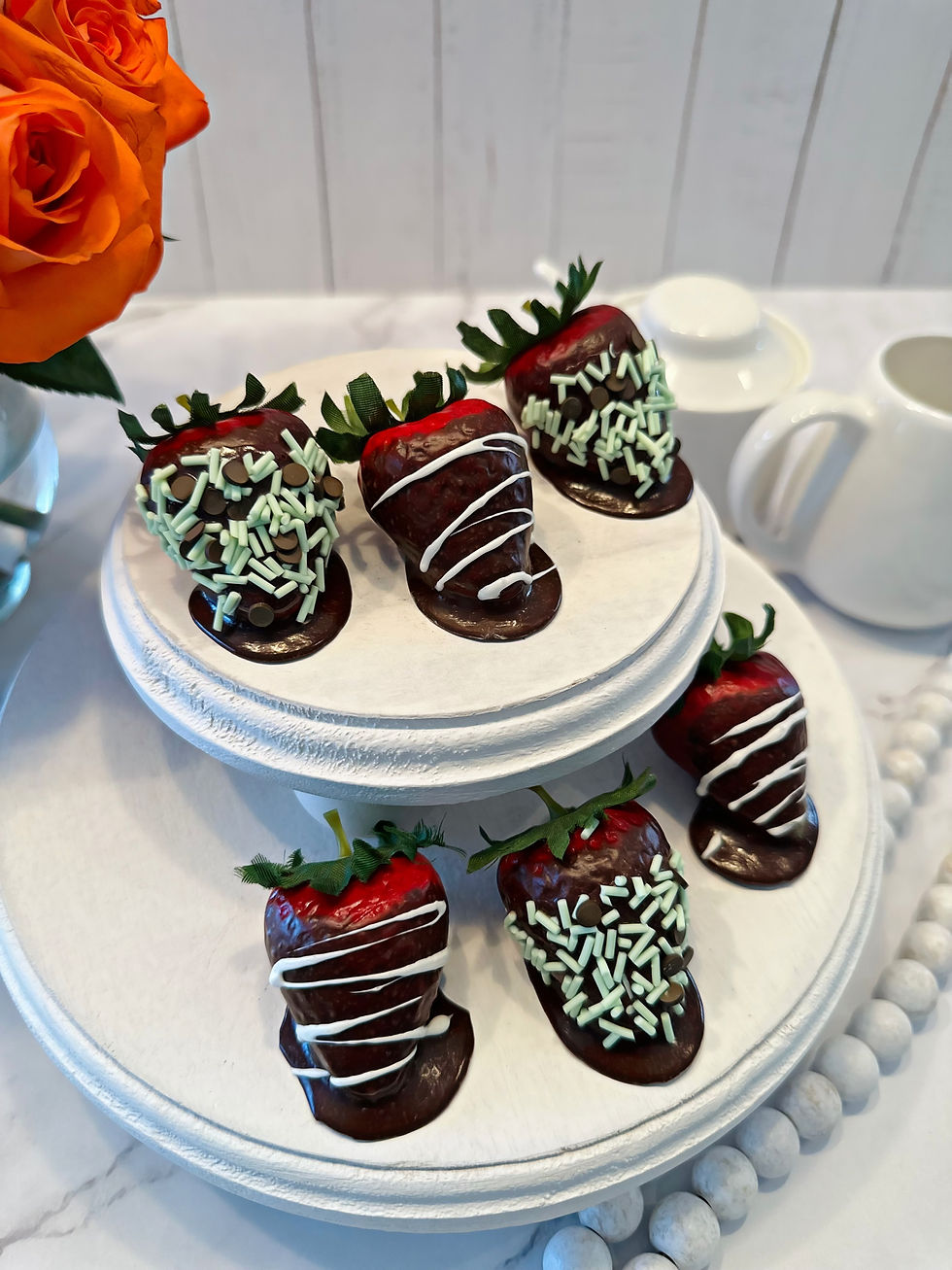 Thumbnail: 2" Chocolate Mint Dipped Fake Strawberries Set of 6