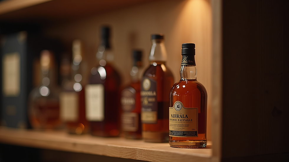 Close-up view of a rare whisky bottle on a wooden shelf