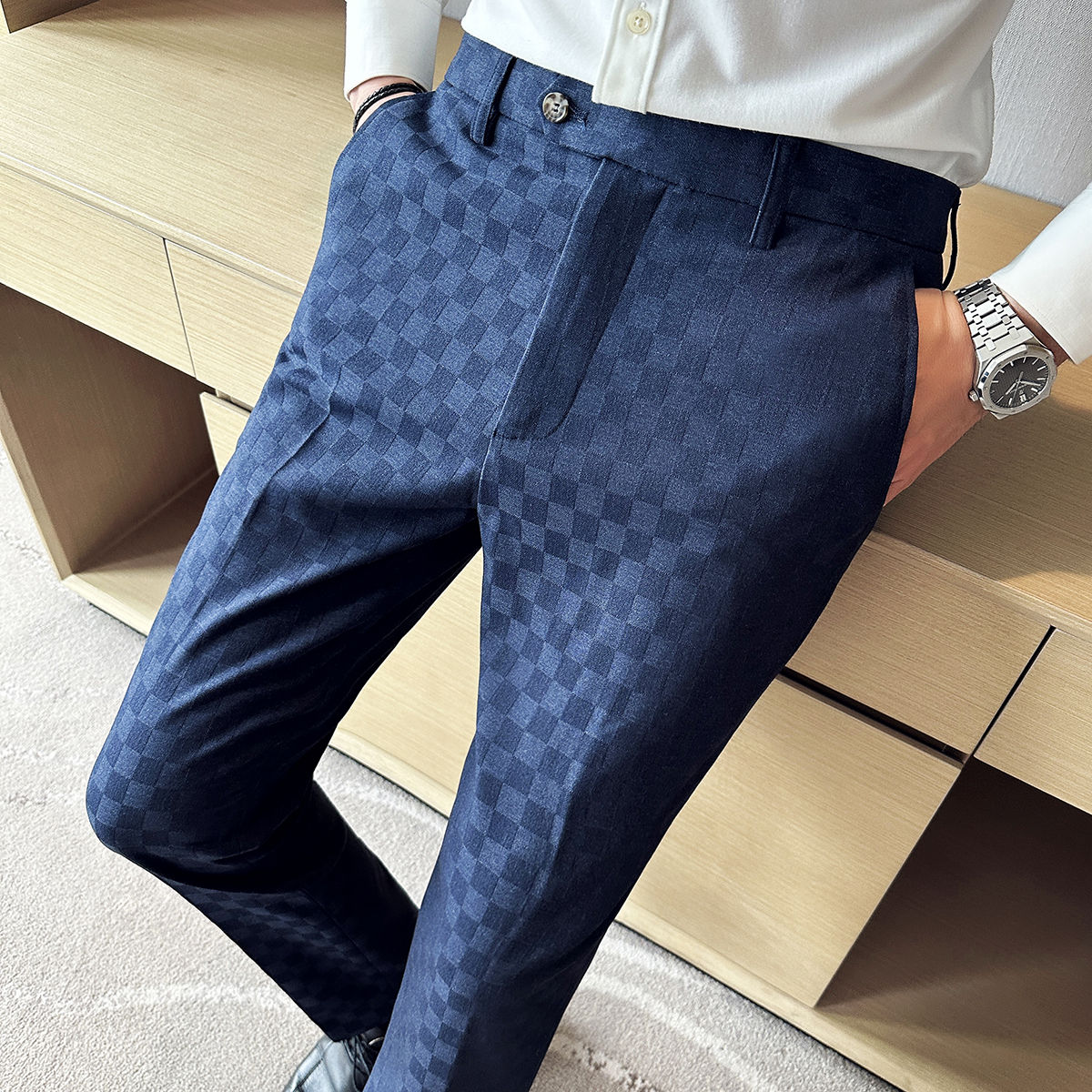 New Men Casual Plaid Suit Pants Fashion Men's Slim Fit Business Social Dress Pan