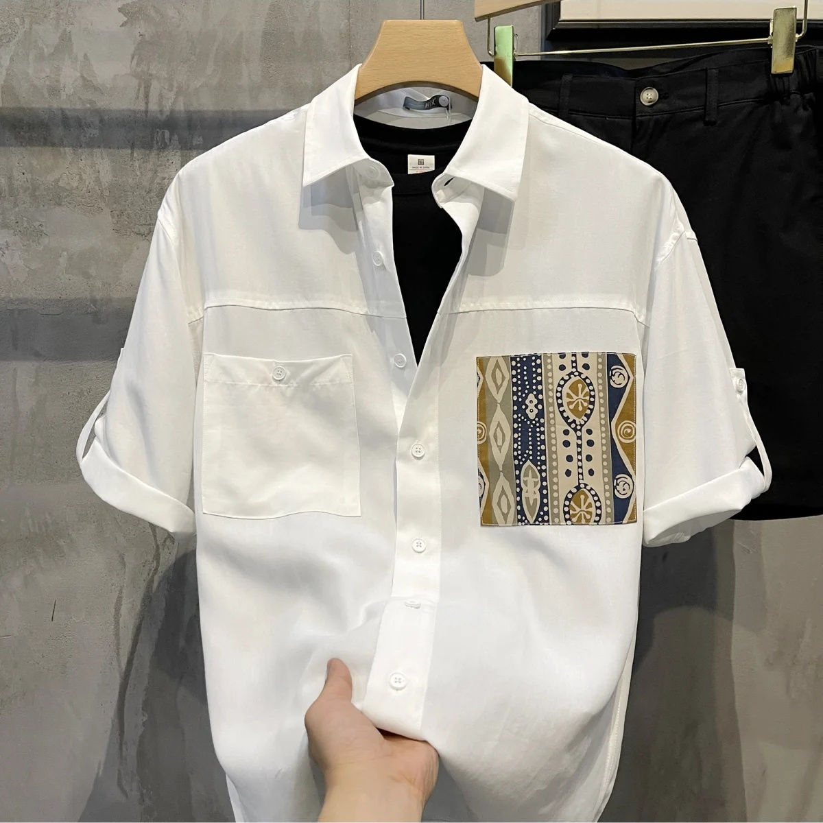 Short Sleeve With Pocket Male Shirts Button Up Print Loose Men's Shirt Fashion 2