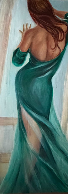 Figurative oil painting by sherichakamian of a woman in an emerlad green gown standing at a window, her bare back turned , red hair flowing, dress moving as if caught in a breeze