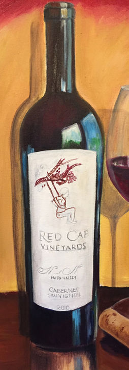 Wine still life featuring a bottle of red wine, a filled wine glass, and a cork against a glowing golden background, painted in expressive acrylics with rich color and dramatic light.
