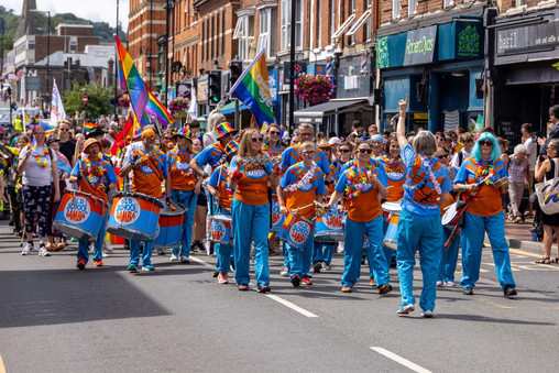 Old School Samba performing at the Tonbridge Pride event in 2024