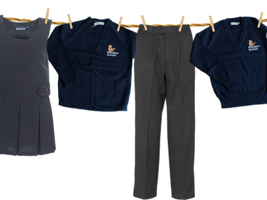 School uniforms, including shirts, sweaters, dresses, pants, and cardigans, hang on a clothesline. Blue, grey, and gingham patterns.