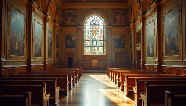 High angle view of Palacio de Bellas Artes interior with stained glass ceiling and murals