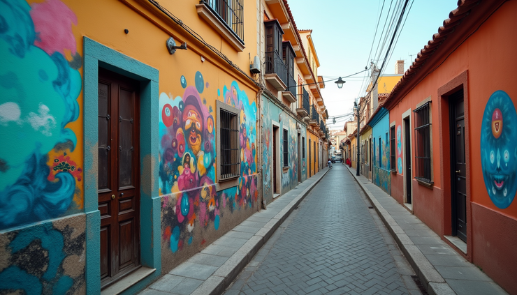 High angle view of colorful street murals in Roma neighborhood