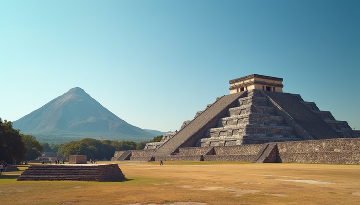 Eye-level view of the ancient pyramids of Teotihuacan under a clear blue sky