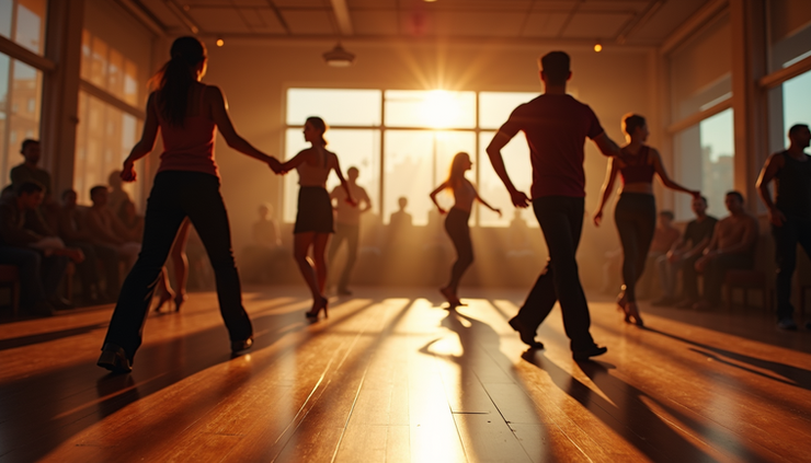 Eye-level view of a salsa dance studio with couples practicing steps