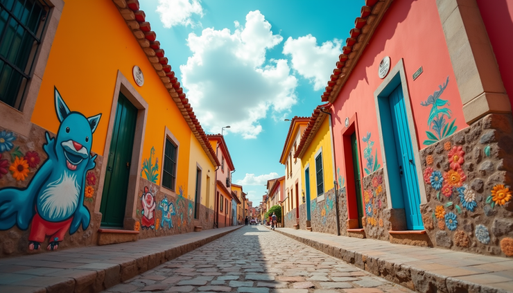 Eye-level view of a colorful street in Escandón with traditional houses and street art