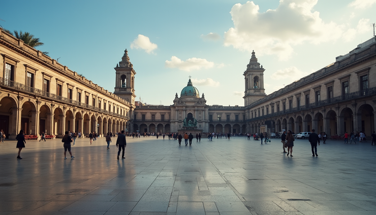 Eye-level view of the Zócalo square with historic buildings and people walking