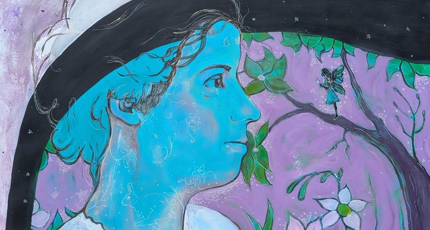 Fanny Cory, fairy, birds, flowers, blue, purple, portrait