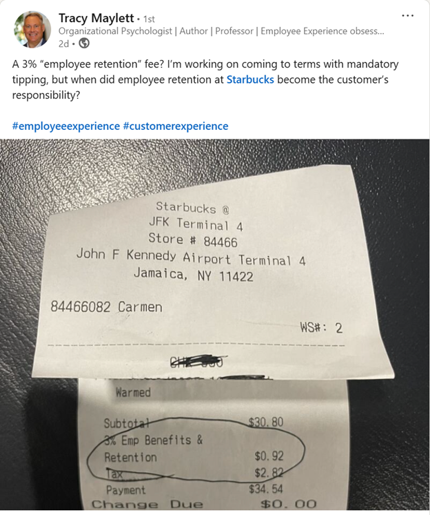 A Starbucks customer walks into JFK, grabs a latte, and walks out with a $0.92 charge for "Employee Benefits & Retention." 
