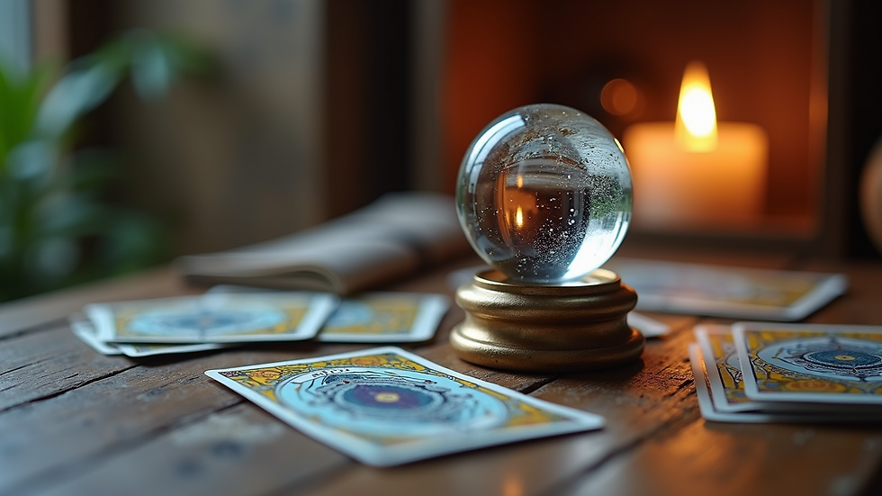 Close-up view of a crystal ball and tarot cards used in spiritual readings
