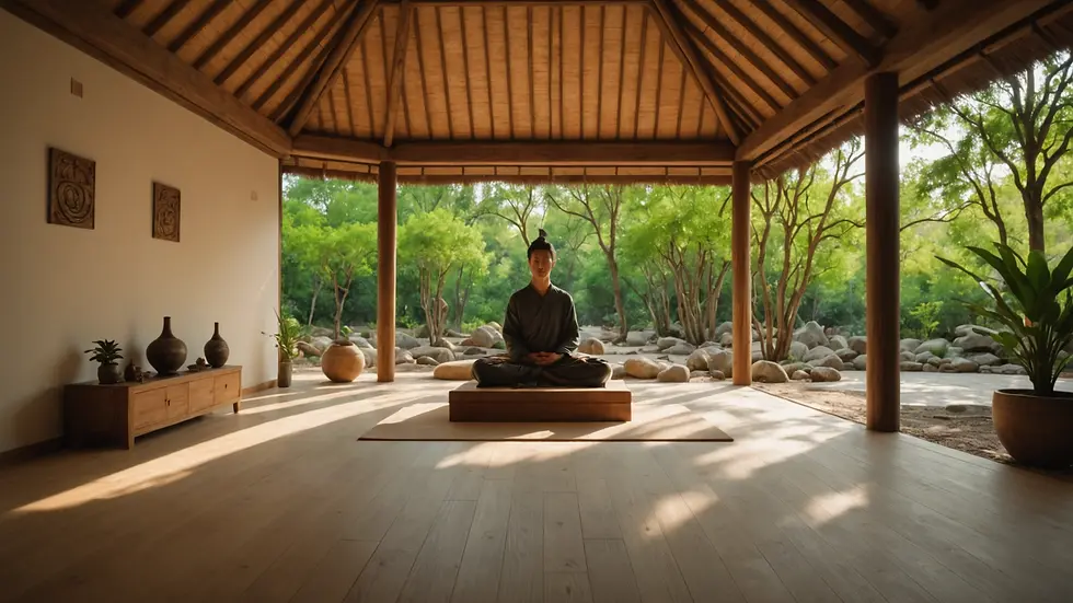 Wide angle view of a tranquil meditation space