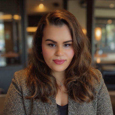 Picture of Emma with brunette mid length hair in suit jacket looking directly at camera